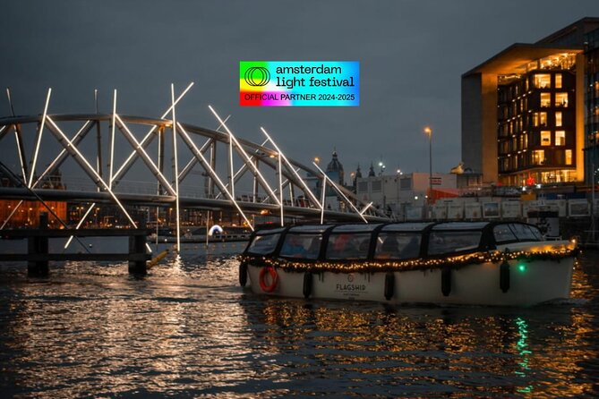 Amsterdam Light Festival: Cruise Unlimited Drinks & Bite option - The floating Flower Market from the canal