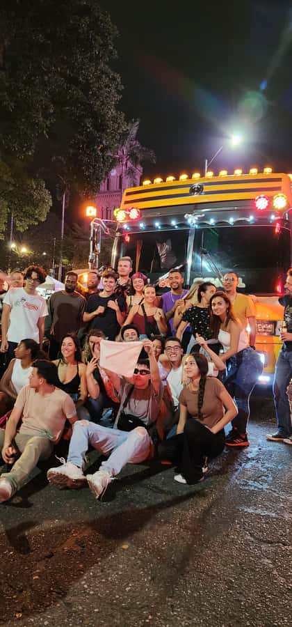 Medellin: Rumbero Party Bus with all the beer you can drink - Puente de la 4 Sur: lights, structure, and the first photo stop