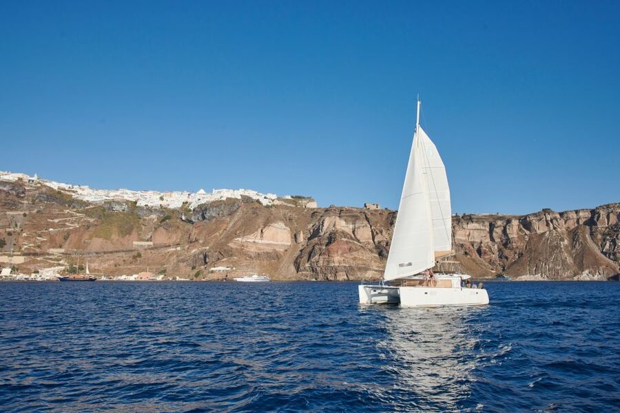 Santorini Gold Catamaran Cruise with Snorkel, BBQ & Open Bar - The volcano hot springs require the right swimwear